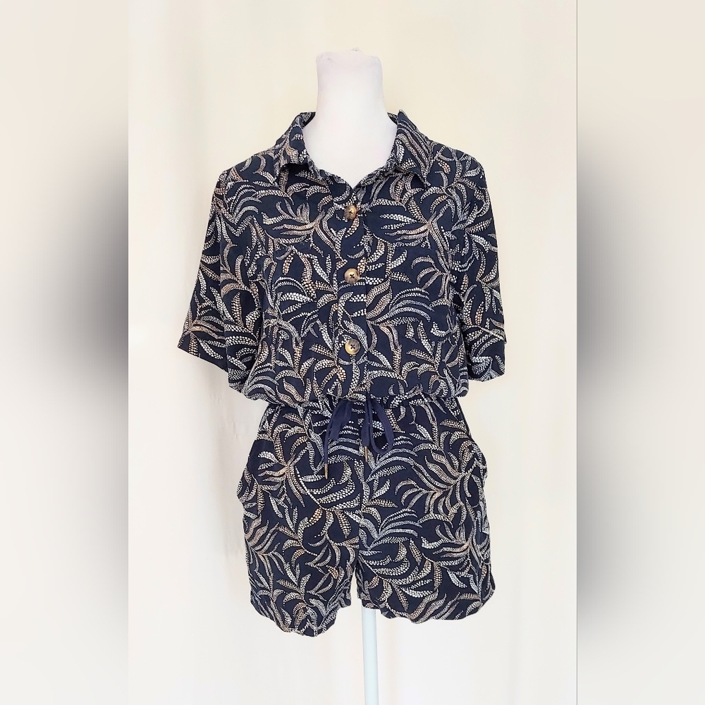 Evereve Batik Short Sleeve Ivy Romper Blue Cream Floral Print Size Small